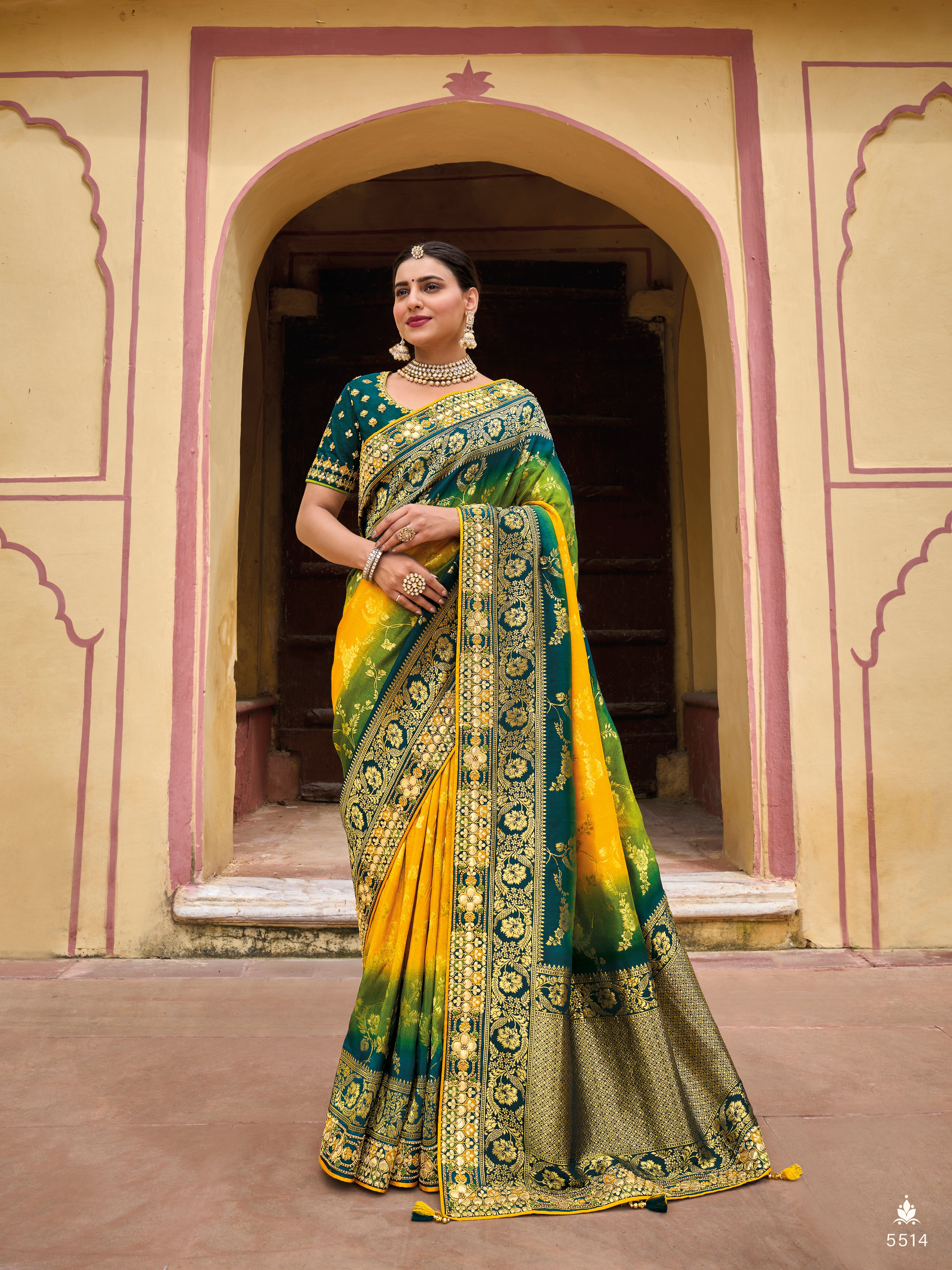 Yellow Green Designer Traditional Pure Dola Viscose Rangkat Saree Gota Pati With Hand Work - 5514