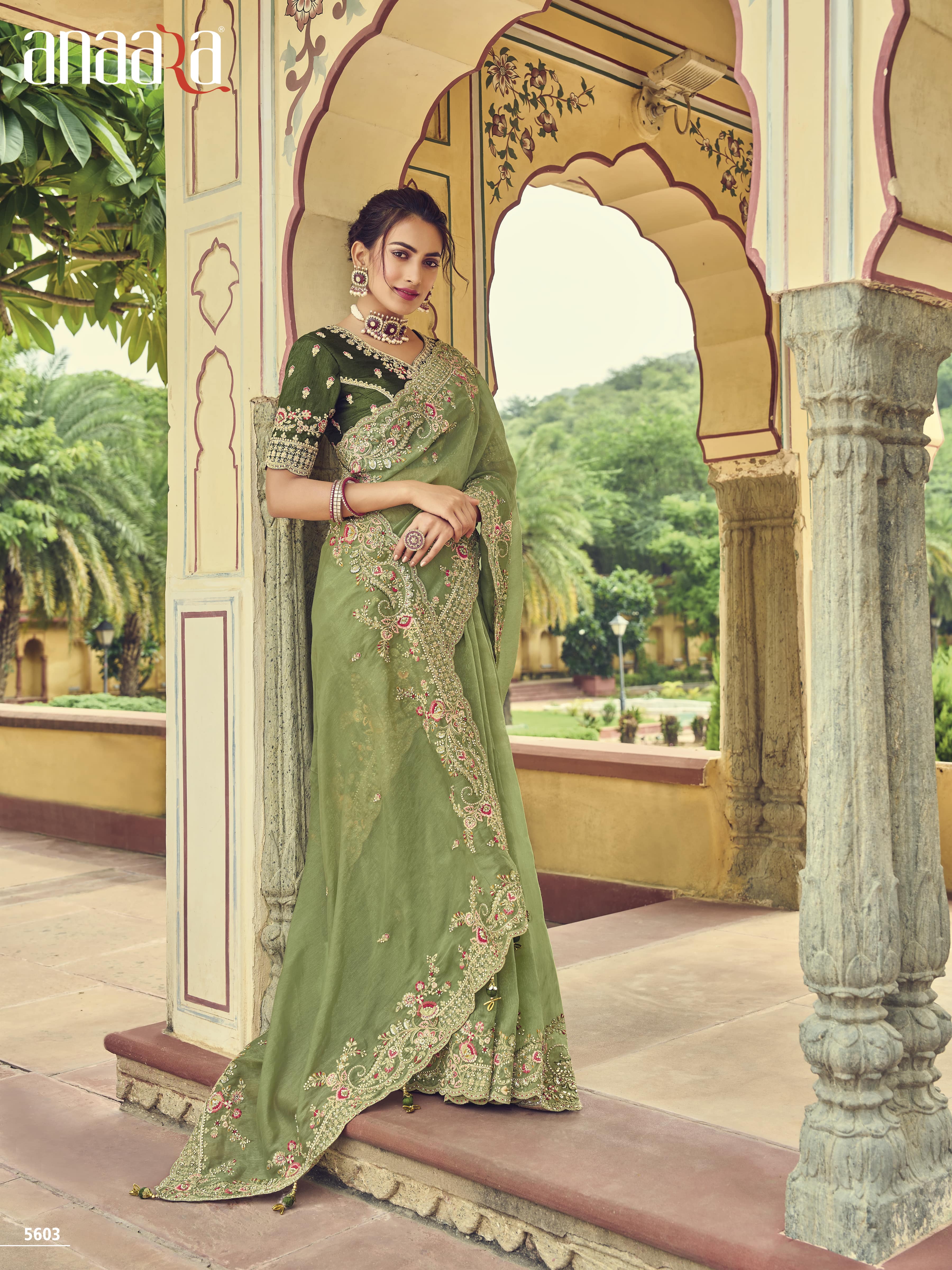 Sage Green Designer Traditional Tissue Saree Heavy Embroidered Hand Wo