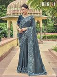 Grey Designer Traditional Glass Satin Saree Heavy Embroidered Hand Work With Patch Work - 5606