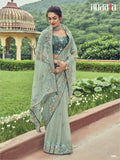 Sea Green Designer Traditional Satin Saree Heavy Embroidered Hand Work With Patch Work - 5608