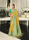 Yellow Firozi Designer Traditional D Dola Saree Embroidered With Handwork Blouse - 5705