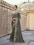 Greenish Gray Designer Traditional Saree with Glass Tissue Fabric and Hand Work, Cut Work With Patch Work - 5902