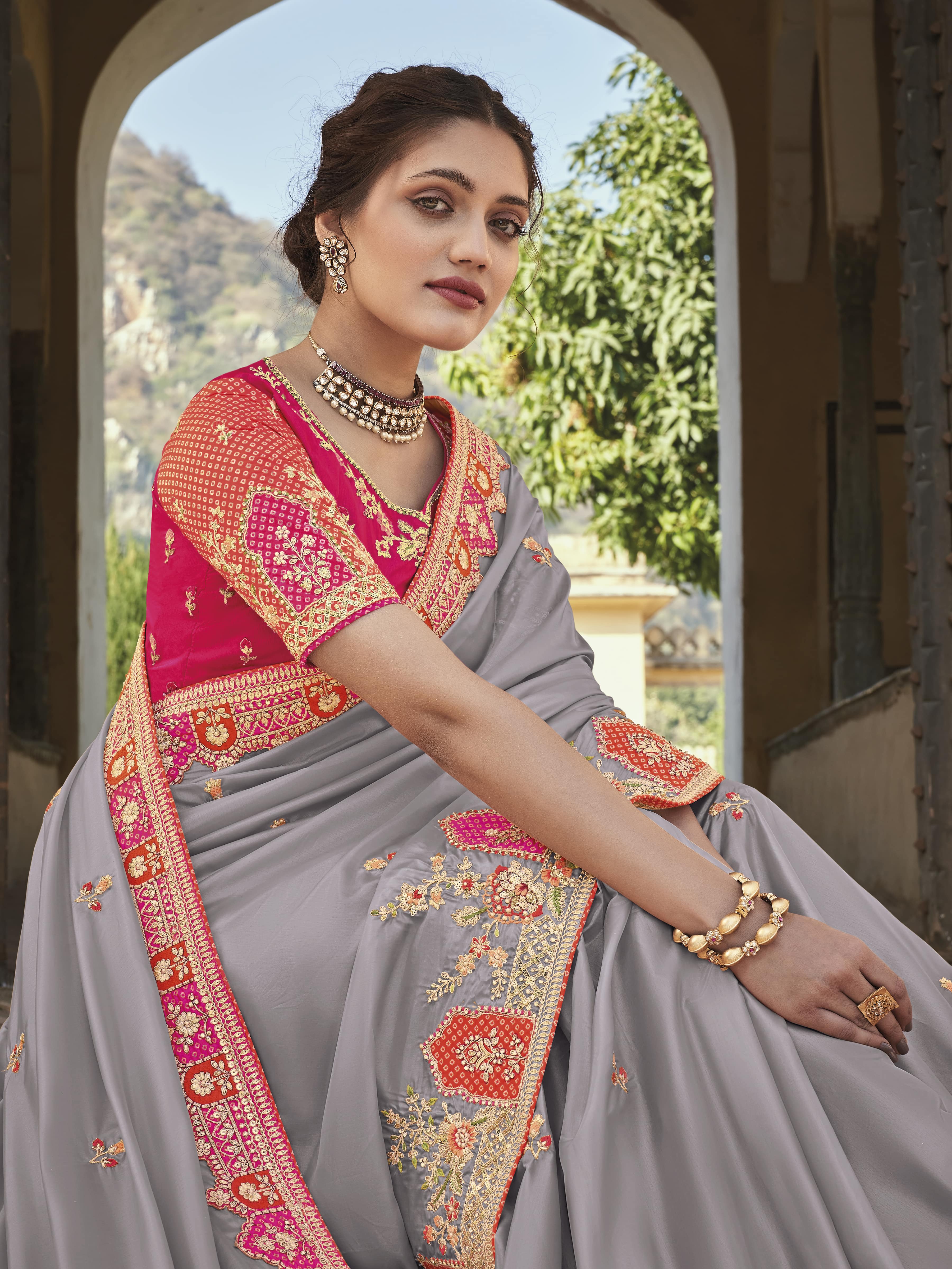 Grey Designer Traditional Saree with Fancy Silk Fabric and Hand Work