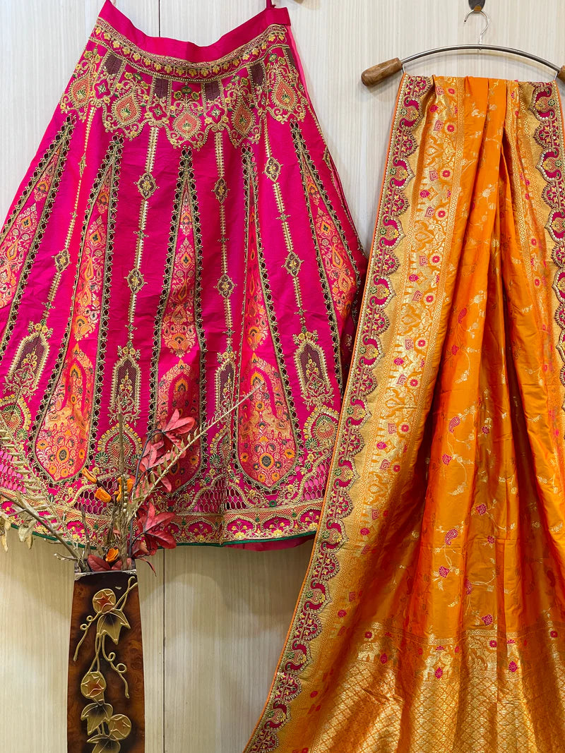 Hot Pink And Gold Orange Banarasi Silk Lehenga Choli With Embroidery Hand Work 5003