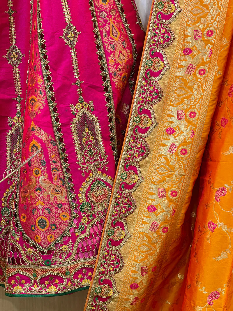 Hot Pink And Gold Orange Banarasi Silk Lehenga Choli With Embroidery Hand Work 5003