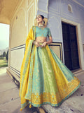 3D Firozi Yellow Pista Color Heavy Gota Pati Patch Hand Work Pure Viscose Semi-Stitched Wedding Lehenga Choli 6005