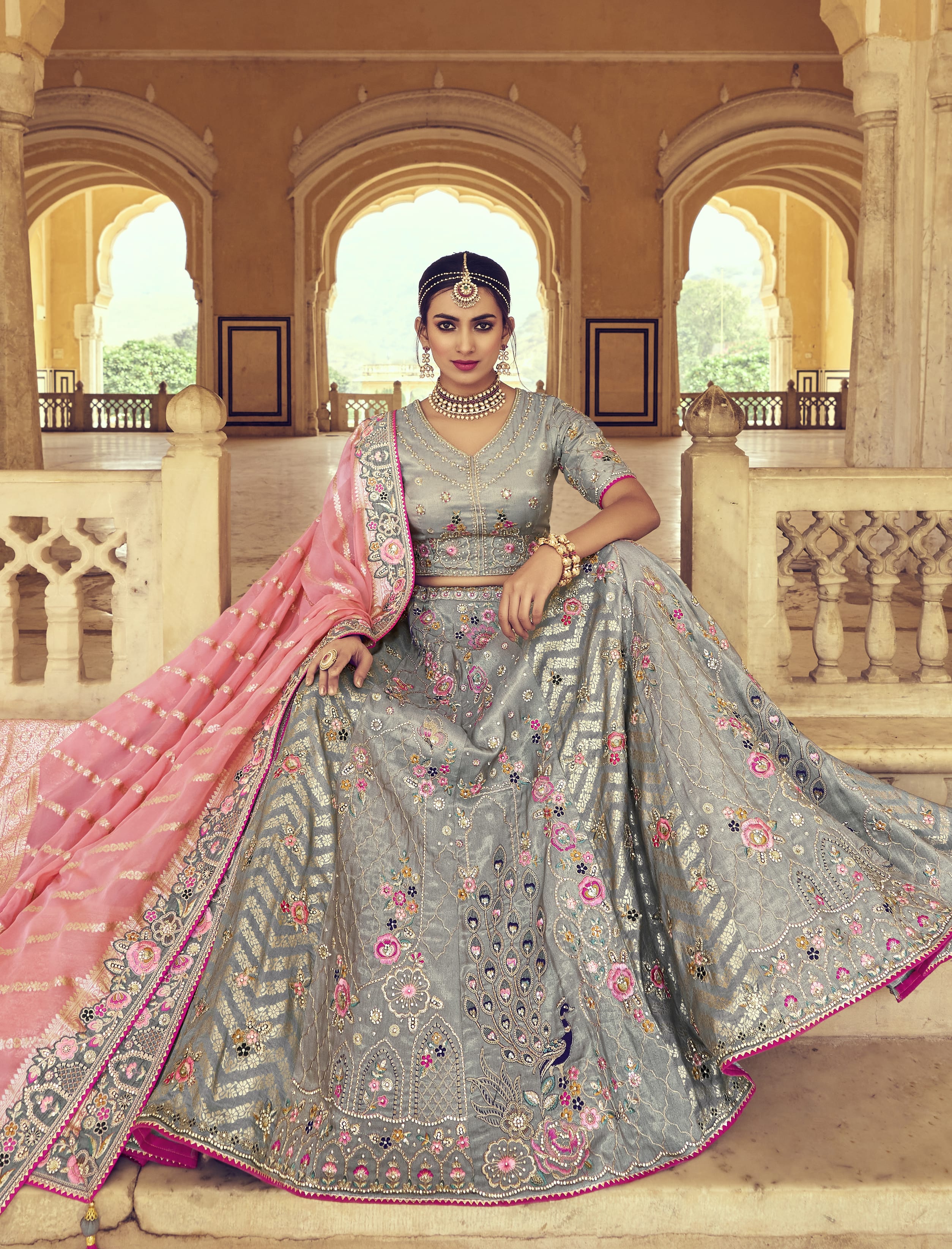 Grey color lehenga top choli