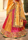 Pink, Red And Gold Orange Banarasi Silk Crush Lehenga Choli With Gota Patti Embroidery Hand Work 5001 - Anaara ethnic